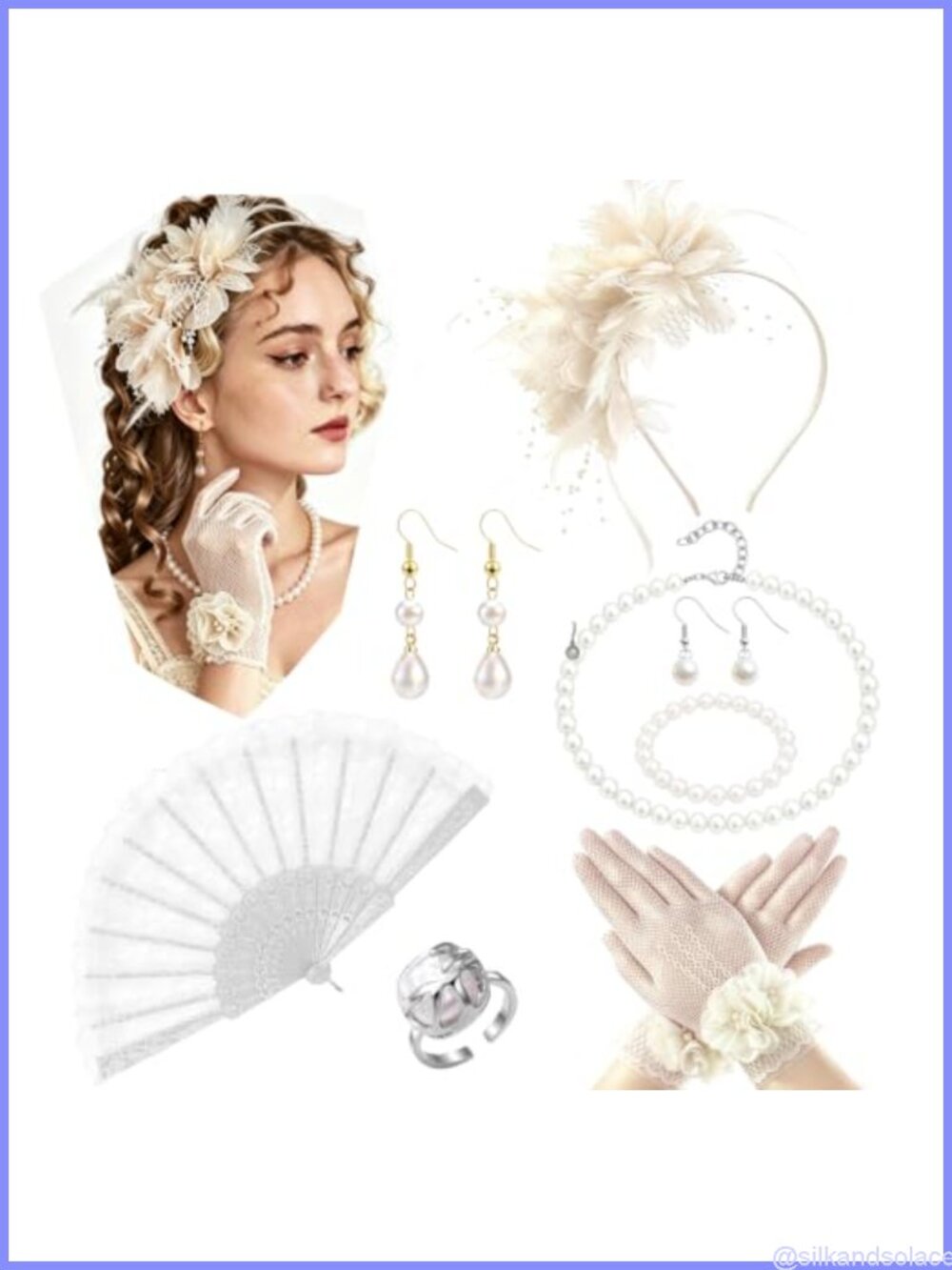 Fascinator Hat Tea Party Set Lace Gloves Fan Pearl Jewelry Set